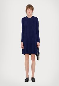 Rochie tricotată bleumarin, cu o textură în relief, cu mâneci lungi și un corset ajustat care se lărgește ușor la tiv. Modelul ține o geantă mică neagră.