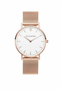 Armbanduhr mit rosévergoldetem Mesh-Armband, weißem Zifferblatt, minimalistisches Design, schlanken Stundenmarkierungen und Logo auf der 12-Uhr-Position.