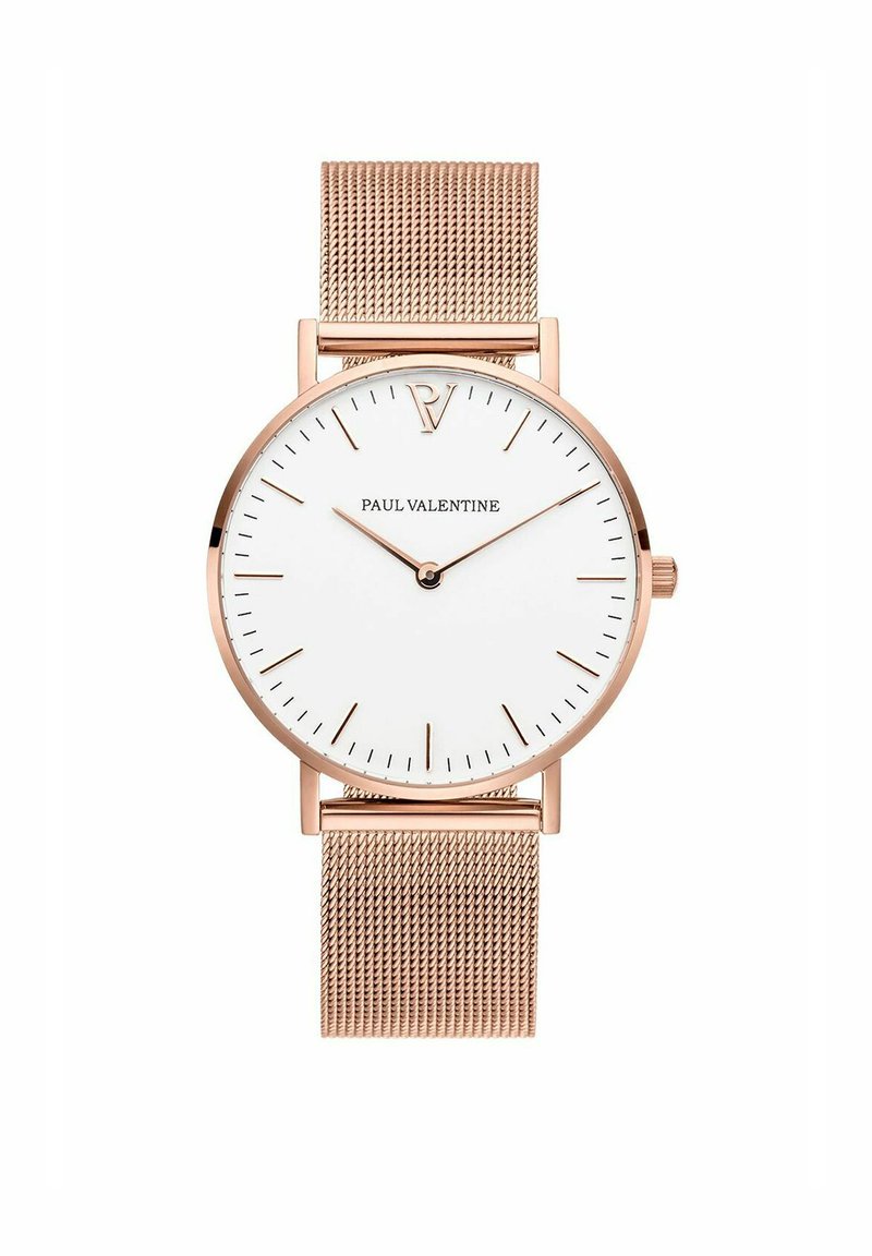 Armbanduhr mit rosévergoldetem Mesh-Armband, weißem Zifferblatt, minimalistisches Design, schlanken Stundenmarkierungen und Logo auf der 12-Uhr-Position.