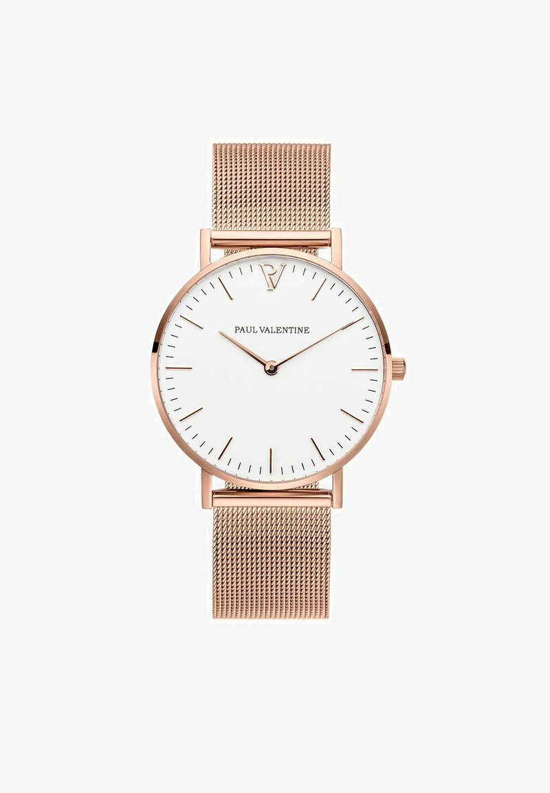 Rose gold mesh strap watch with a white face, minimalist design, slender hour markers, and logo at 12 o'clock position.