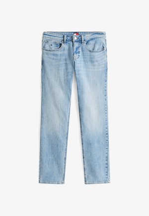 Svetlo modre ozke kavbojke s petimi žepi, zanki za pas, zapenjanjem na gumb in zadrgo ter nežnim bledenjem na stegnih in kolenih.