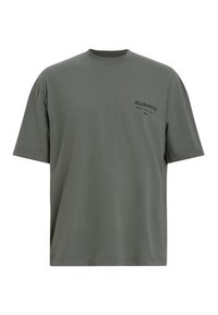 Camiseta de algodón gris con mangas cortas, escote redondo y sutil logo "ALLSAINTS" en verde oscuro en el área del lado izquierdo del pecho.
