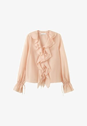 Svetloružová blúzka s dlhými rukávmi, s vrstveným volánovým lemom na prednej strane a na manžetách, sťahovaná šnúrkami na rukávoch.