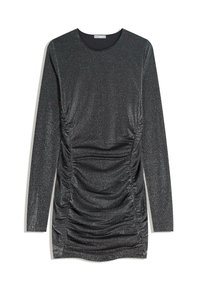 Fekete csillogó, hosszú ujjú ruha, az oldalán redőzéssel és kerek nyakkal. Az anyag fényes, texturált megjelenésű.