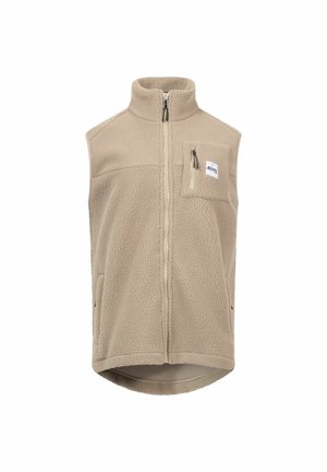 Beige Fleece-Weste mit hohem Kragen, Frontreißverschluss, einer Brusttasche und zwei seitlichen Taschen. Weiche Textur mit einem Etikett, das die Marke angibt.
