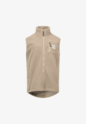 Beige fleece vest with a high collar, front zipper, a chest pocket, and two side pockets. Soft texture with a tag detailing the brand.