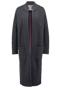 Long manteau en laine gris foncé avec devant ouvert, deux grandes poches plaquées et un col haut.