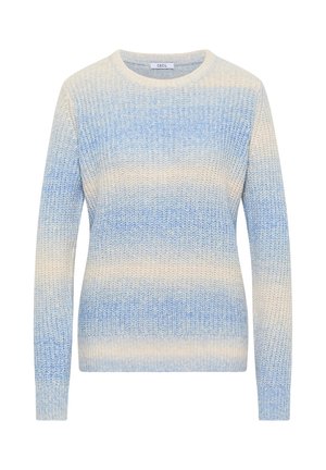 Blå og cremefarvet strikket sweater med rund halsudskæring og lange ærmer, der har et vandret stribet mønster og tekstureret stof.