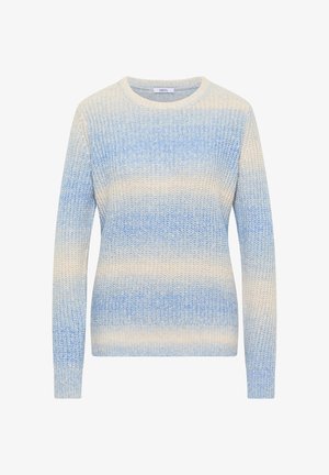 Blauer und cremefarbener Strickpullover mit rundem Ausschnitt und langen Ärmeln, der ein horizontal gestreiftes Muster und strukturierte Stoffe aufweist.