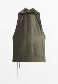 Olive green sleeveless top with a gathered hood, textured fabric, open back, and adjustable drawstring at the hem.