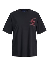 T-shirt en coton noir à manches courtes, avec un motif rouge de ramen et de baguettes sur la poitrine gauche. Design simple à col ras du cou.