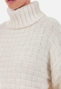 Gestrickter Rollkragenpullover in Creme mit einem texturierten, gewebten Muster. Verfügt über einen dicken, gerippten Kragen und weichen, gemütlichen Stoff.