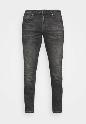 Donkergrijze denim jeans met een slim fit, knoopsluiting, voorzakken en lichte vervaging voor een versleten uitstraling. Heeft een logo-tag op de achterzak.