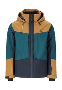 Color-blocked jacket featuring a blue, teal, and brown design, made from a smooth, water-resistant material with a front zipper and adjustable hood.