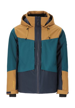 Färgblockerad jacka med en blå, teal och brun design, tillverkad av ett slätt, vattentåligt material med framdragkedja och justerbar huva.