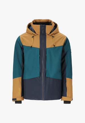 Kleurblokjasje met een ontwerp in blauw, teal en bruin, gemaakt van een glad, waterafstotend materiaal met een rits aan de voorkant en een verstelbare capuchon.