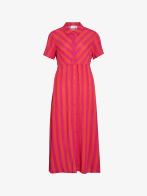 Rāvējslēdzēja kleita ar īsām piedurknēm, rozā un oranžos vertikālos svītrās. Vienmērīga auduma ar klasisku apkakli un ceļa garuma svārkiem.