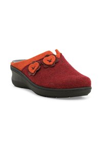 Zoccoli in feltro rosso con colletto in feltro arancione e accenti di fiori marroni a forma di cuore. Superficie strutturata e suola in gomma nera, design leggermente elevato.