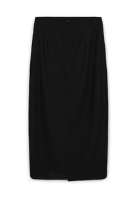 Gonna a matita nera realizzata in tessuto testurizzato, lunga fino al ginocchio, con chiusura a zip nascosta sul retro, caratterizzata da una silhouette pulita e senza fantasie.