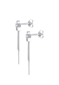 Silverörhängen med en geometrisk studsdesign, som har en lång kedjedroppe och en polerad yta. Klara linjer och minimalistisk stil.
