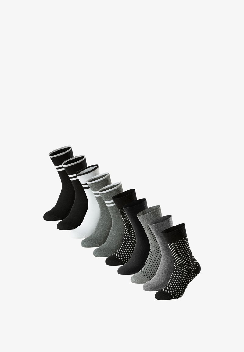 Ensemble de 10 chaussettes en noir, blanc et gris. Comprend des couleurs unies et des motifs, avec des designs en rayures et pois contrastants.