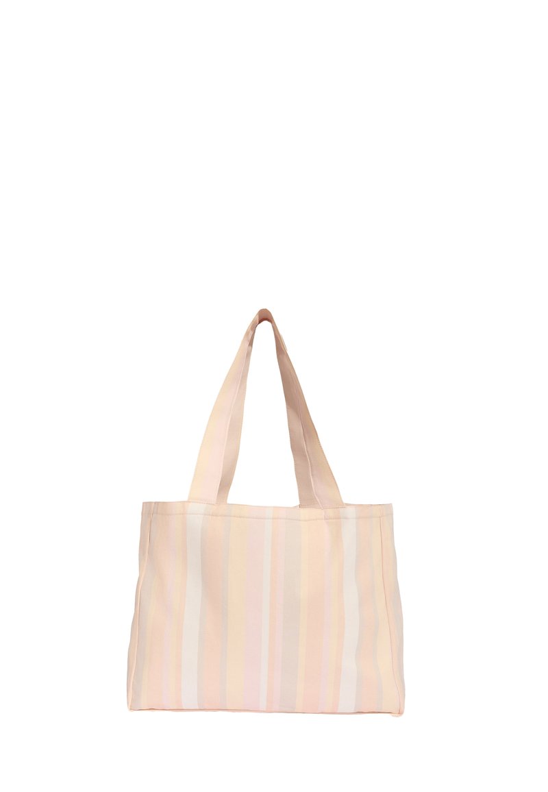 Beige Stofftragetasche mit vertikalen weißen, rosa und hellorangenen Streifen und zwei Schulterriemen.