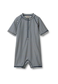 T-shirt de protection rayé à manches courtes en bleu marine et blanc, avec une fermeture éclair à l'avant et une coupe ajustée. Fabriqué en matériau léger et extensible.