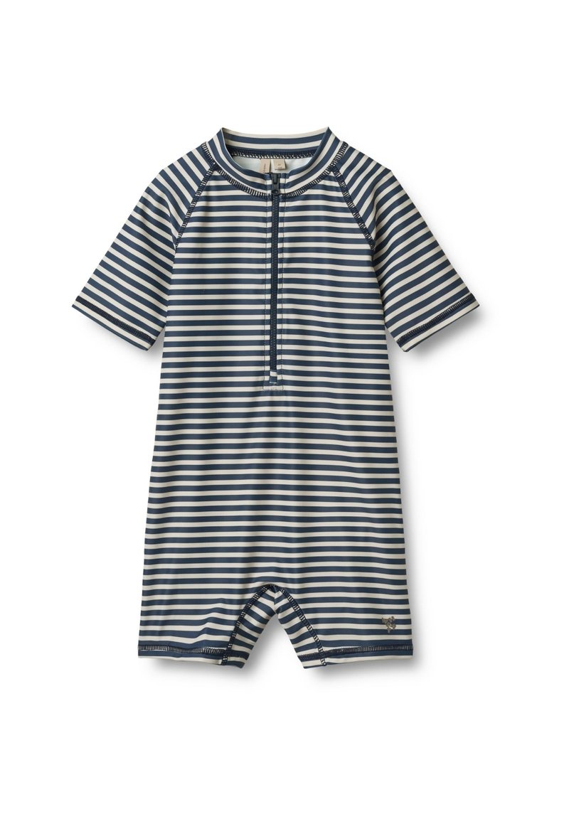 T-shirt de protection rayé à manches courtes en bleu marine et blanc, avec une fermeture éclair à l'avant et une coupe ajustée. Fabriqué en matériau léger et extensible.