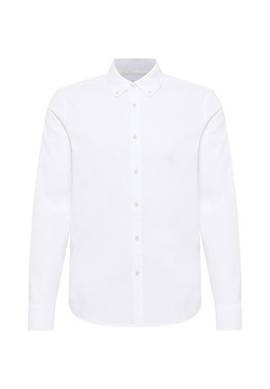 Camisa blanca de manga larga abotonada, con cuello puntiagudo y puños, mostrada sobre un fondo blanco liso.