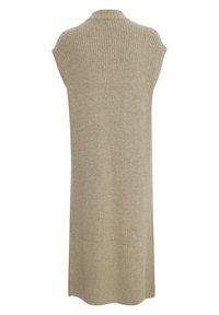 Robe midi beige en maille côtelée sans manches avec un col rond haut et une coupe droite ample.