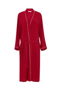 Rode lange jurk gemaakt van zachte stof met witte bies langs de kraag en mouwen. Voorzien van een bijpassende riem voor sluiting.