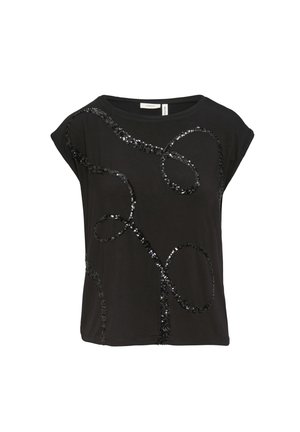 Schwarz, kurzärmliges T-Shirt mit lockerer Passform, das dekorative schwarze Pailletten in wirbelnden Mustern auf der Vorderseite zeigt. Aus weichem Baumwollmaterial.