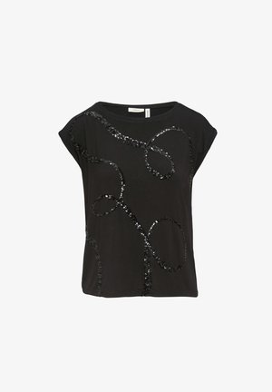 Schwarz, kurzärmliges T-Shirt mit lockerer Passform, das dekorative schwarze Pailletten in wirbelnden Mustern auf der Vorderseite zeigt. Aus weichem Baumwollmaterial.