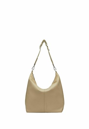 Beige leren schoudertas met verstelbare band, zilveren gespen en subtiele voorstiksels, ontworpen voor dagelijks gebruik.