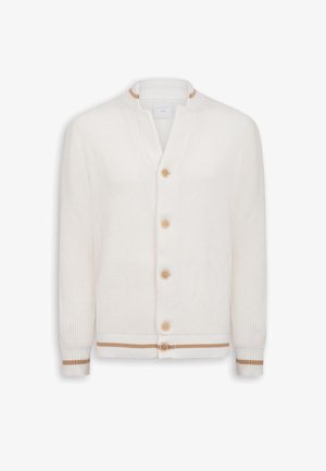 Hvid ribstrikket cardigan med fem beige knapper, beige striber på manchetter og kant samt en smal delt krave.