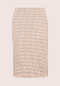 Gewebter knielanger Rock in Hellrosa mit strukturiertem Muster und fransigem Saum. Verfügt über ein figurnahes Design und eine glatte Silhouette.