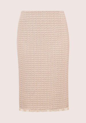 Gewebter knielanger Rock in Hellrosa mit strukturiertem Muster und fransigem Saum. Verfügt über ein figurnahes Design und eine glatte Silhouette.