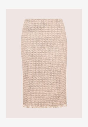 Gewebter knielanger Rock in Hellrosa mit strukturiertem Muster und fransigem Saum. Verfügt über ein figurnahes Design und eine glatte Silhouette.