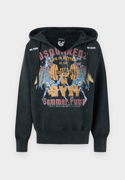 Black hoodie with "DSQUARED2" text, colorful graphic of a hand holding a barbell, and phrases "Life is better at the gym" and "Summer Pump."
