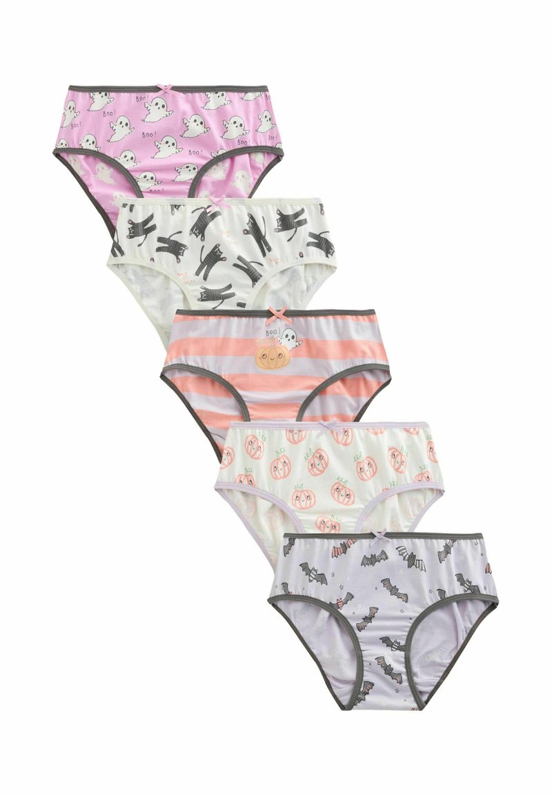 Set di cinque mutandine hipster in cotone per ragazze, con diversi motivi: fantasmi, gatti neri, zucche e pipistrelli in toni di rosa, bianco e grigio.