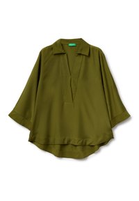 Blusa verde oliva, realizzata in tessuto liscio, con scollatura a V, maniche lunghe con polsini e orlo arrotondato.