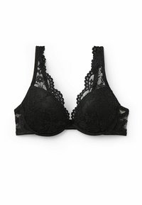Sujetador de encaje negro con forma de V profunda, bordes ondulados y una textura suave. Presenta copas acolchadas y tirantes de encaje anchos.