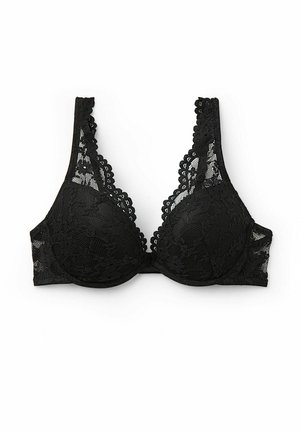 Schwarzer Spitzen-BH mit tiefem V-Ausschnitt, gewellten Kanten und glatter Textur. Verfügt über gepolsterte Cups und breite Spitzenträger.