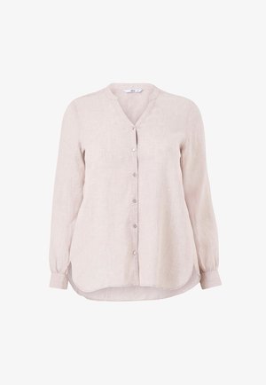 Helles rosa Leinenbluse mit V-Ausschnitt, langen Ärmeln, Knopfverschluss und abgerundetem Saum. Verfügt über eine subtile Textur und einen sanften Fall.