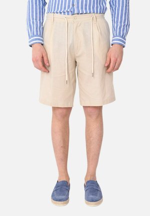 Uomo che indossa pantaloncini beige con coulisse, camicia a righe blu a maniche lunghe e scarpe slip-on blu, in piedi davanti a uno sfondo semplice.