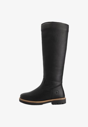 Tall black leather boot with brown stitched sole and textured rubber outsole, side view, featuring a small embossed logo near the heel.