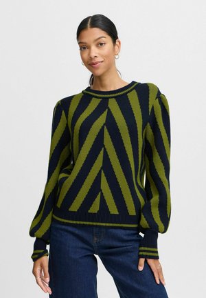 Sweater med grønne og marineblå diagonale striber, ribbet halsudskæring og pufærmer. Fremstillet af strikket stof med en struktureret overflade.