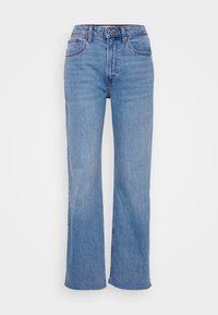 Light blue denim trousers with a straight-leg design, featuring a high waist, five pockets, and belt loops. Subtle faded texture.