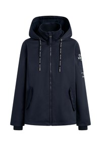 Marineblaue Jacke mit Kapuze, Frontreißverschluss und zwei Seitentaschen. Mit gemusterten Kordeln und bedruckten Akzenten am Ärmel.