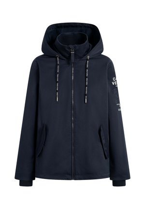 Marineblaue Jacke mit Kapuze, Frontreißverschluss und zwei Seitentaschen. Mit gemusterten Kordeln und bedruckten Akzenten am Ärmel.